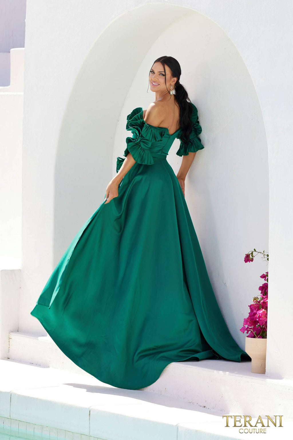Terani Couture Off-Shoulder V-Line Satin Evening Dress view 7