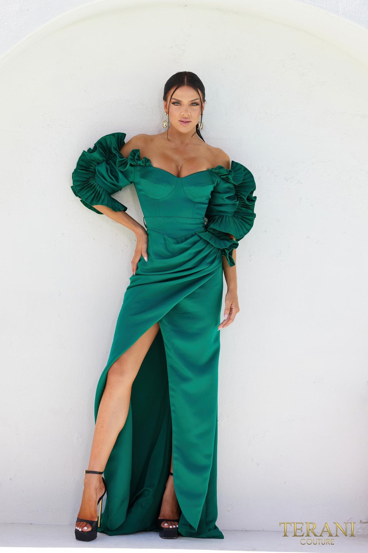 Terani Couture Off-Shoulder V-Line Satin Evening Dress view 4