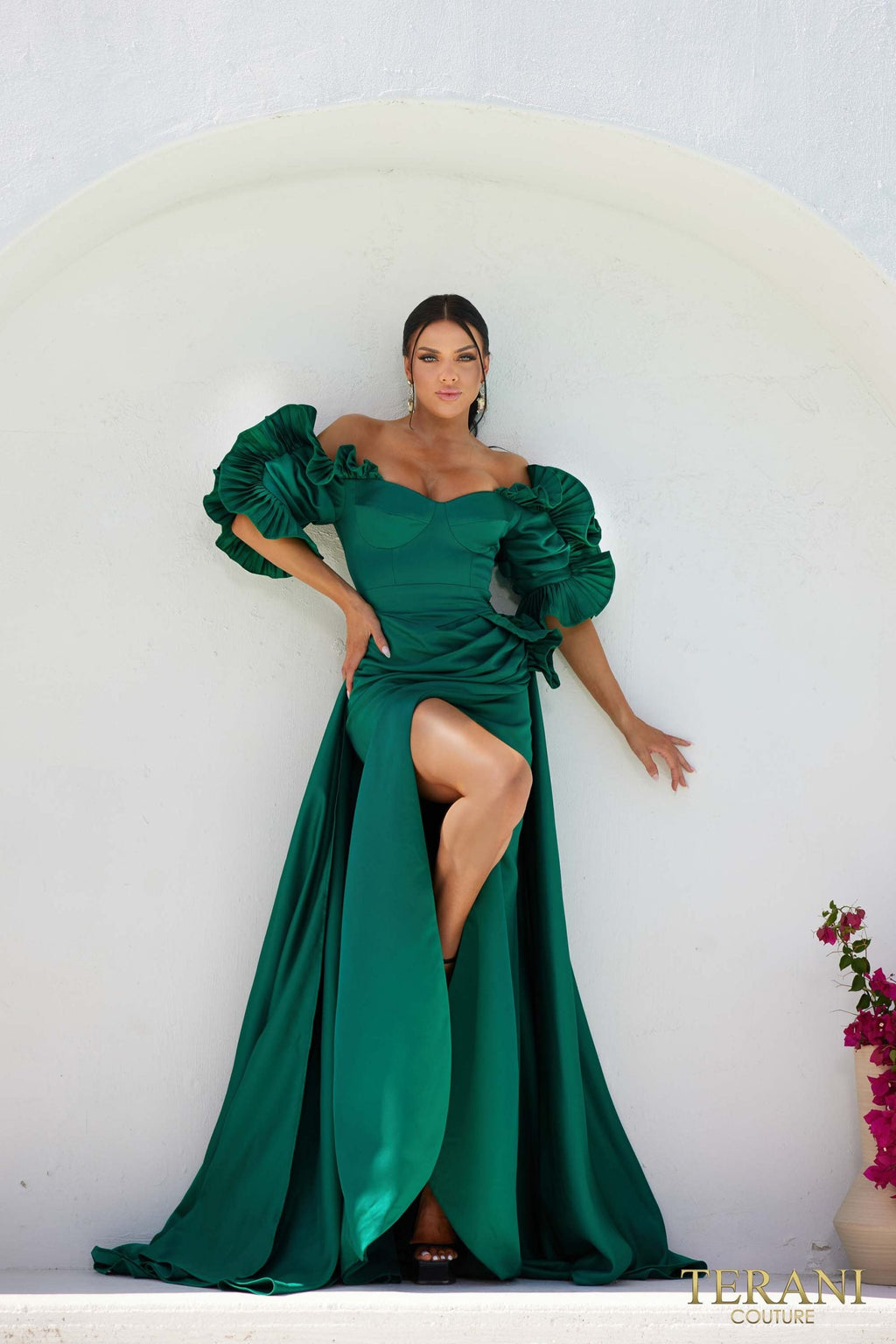 Terani Couture Off-Shoulder V-Line Satin Evening Dress view 3