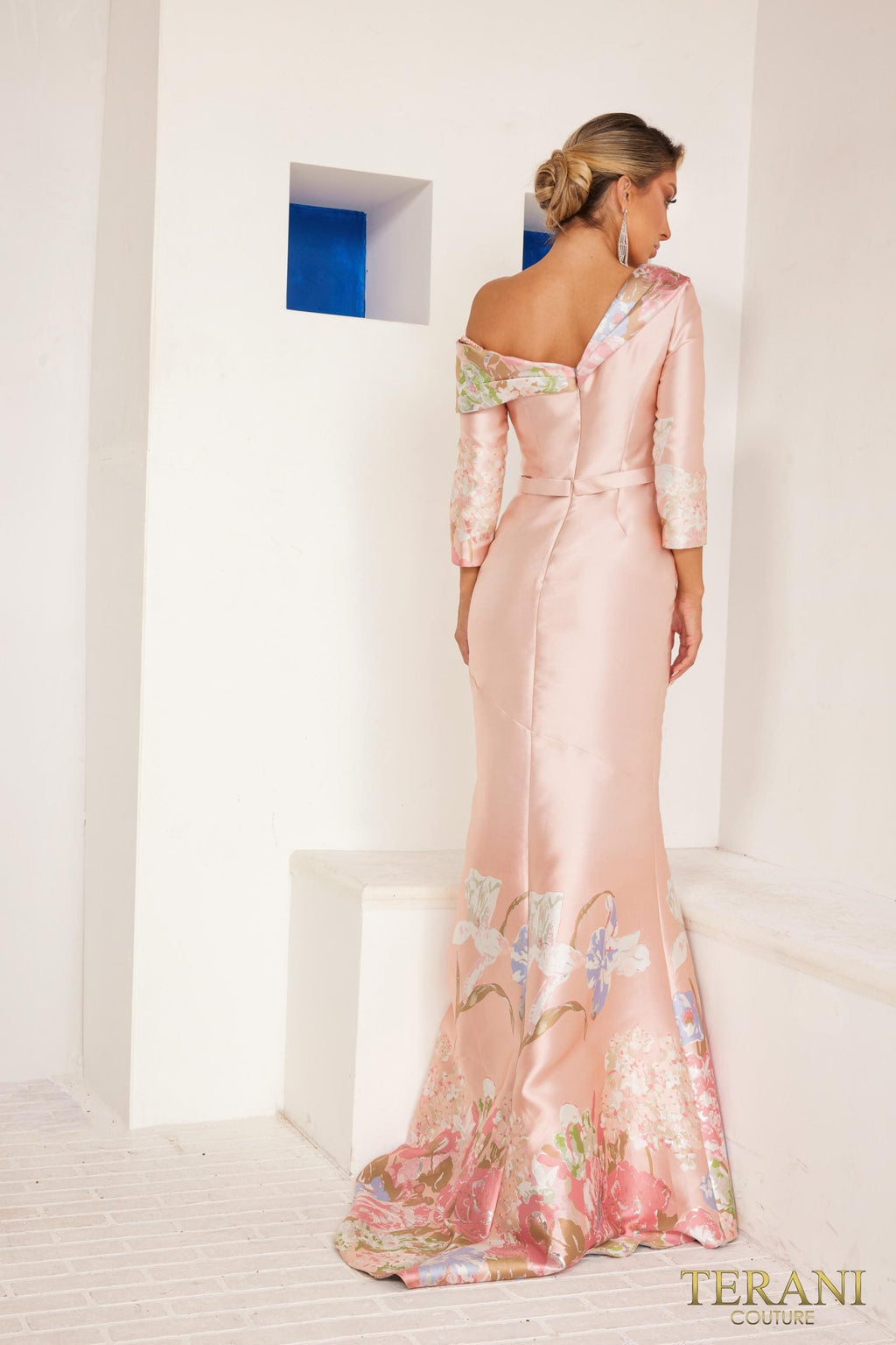 Terani Couture Asymmetrical 3/4 Sleeves Jacquard Silver Rose A-Line Evening Dress view 2