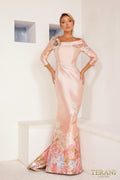 Terani Couture Asymmetrical 3/4 Sleeves Jacquard Silver Rose A-Line Evening Dress front view