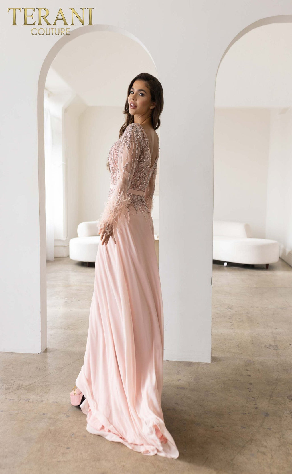 Terani Couture Long Sleeves Chiffon Sheath Evening Dress view 3
