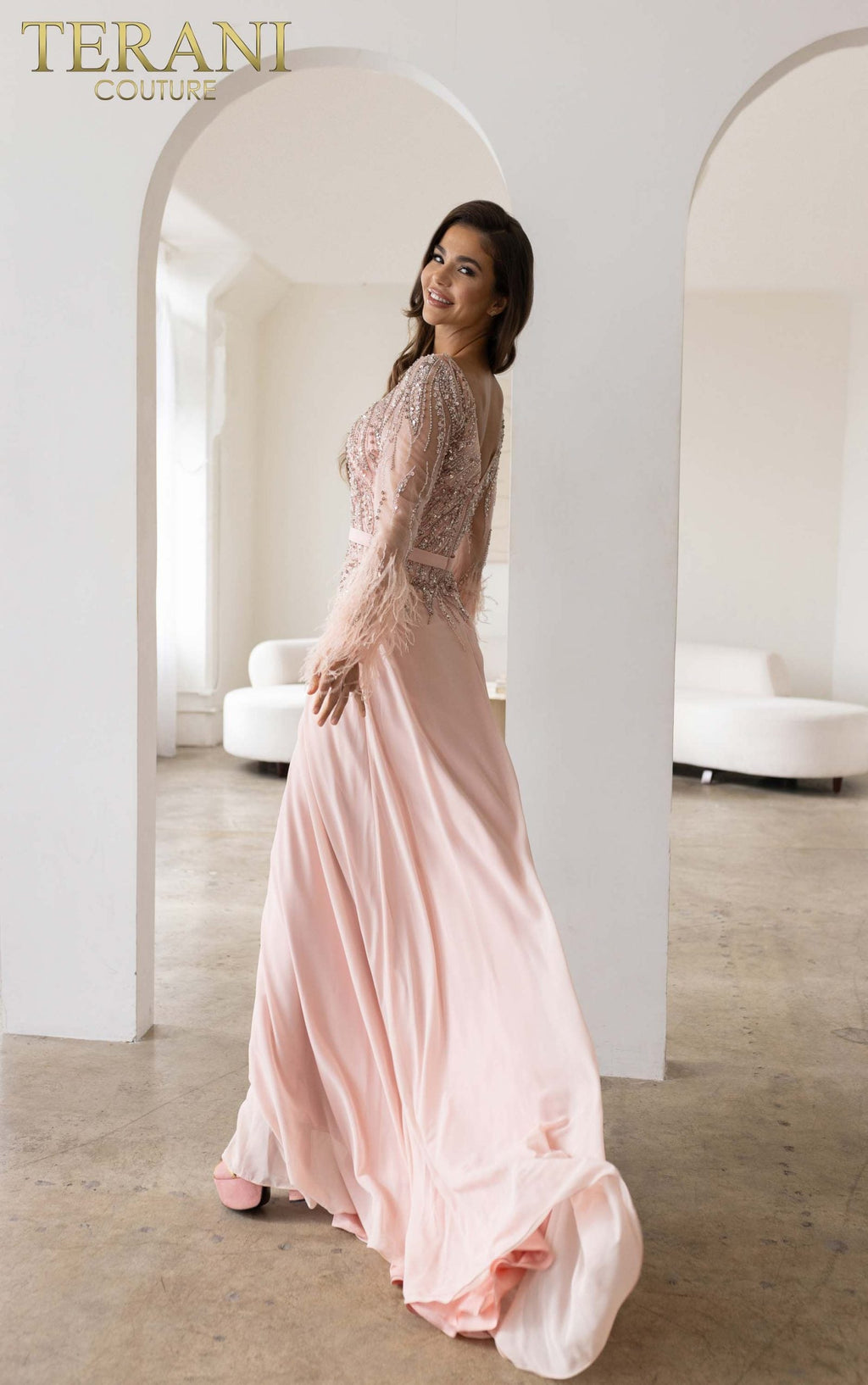 Terani Couture Long Sleeves Chiffon Sheath Evening Dress view 4