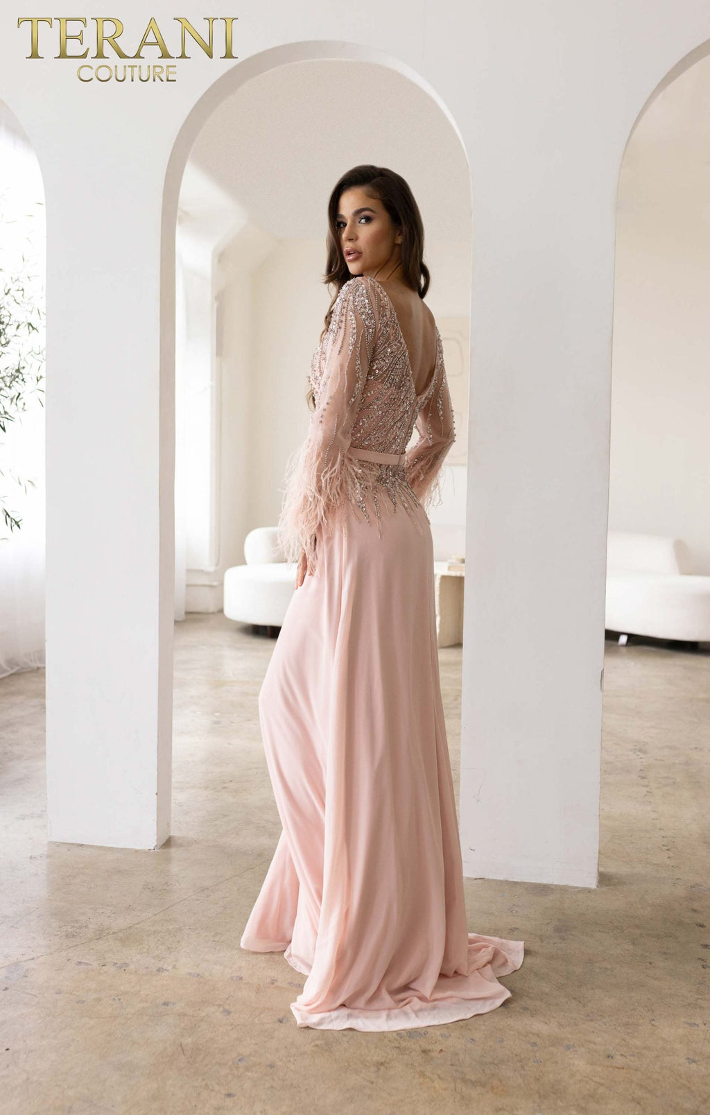 Terani Couture Long Sleeves Chiffon Sheath Evening Dress view 2