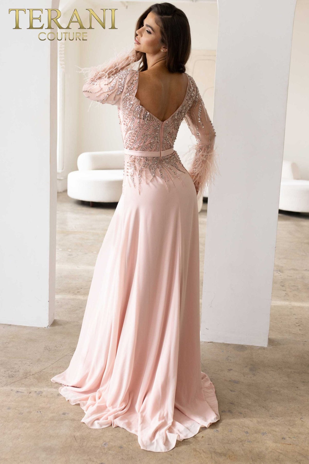 Terani Couture Long Sleeves Chiffon Sheath Evening Dress view 5