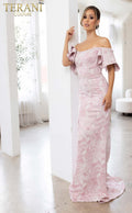 Terani Couture Off-Shoulder Jacquard Rose Column Evening Dress front view
