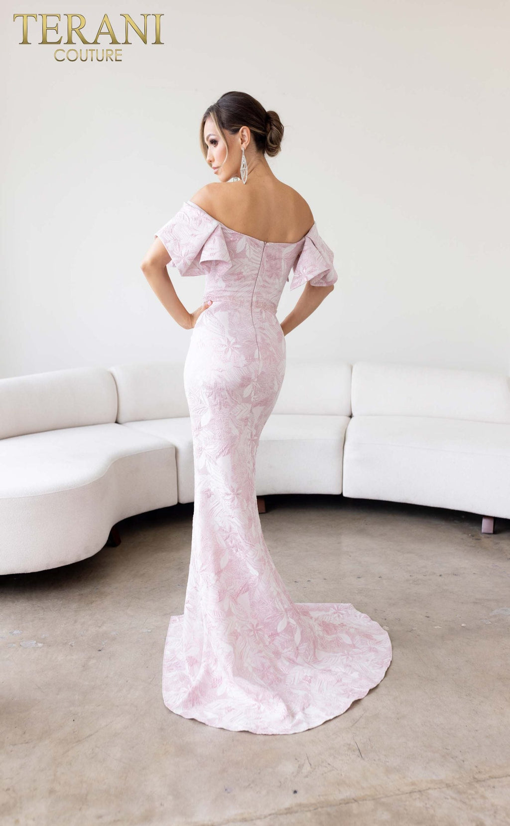 Terani Couture Off-Shoulder Jacquard Rose Column Evening Dress view 4