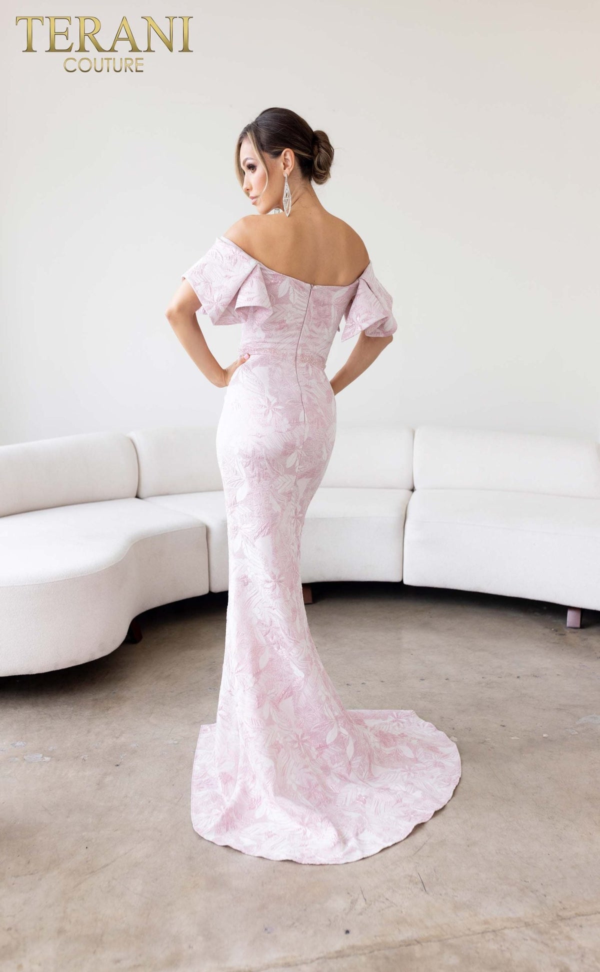 Terani Couture Off-Shoulder Jacquard Rose Column Evening Dress view 4