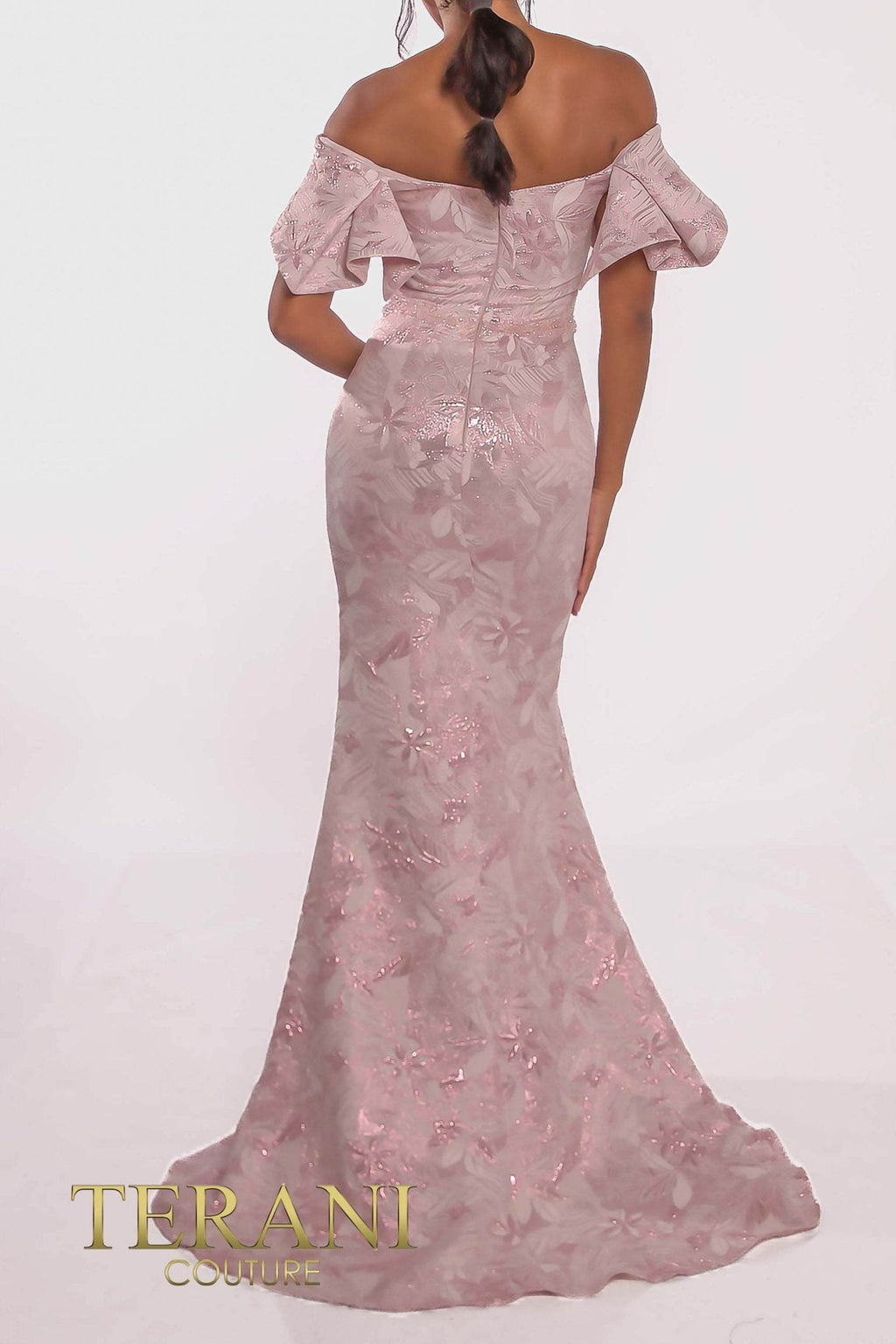 Terani Couture Off-Shoulder Jacquard Rose Column Evening Dress view 6