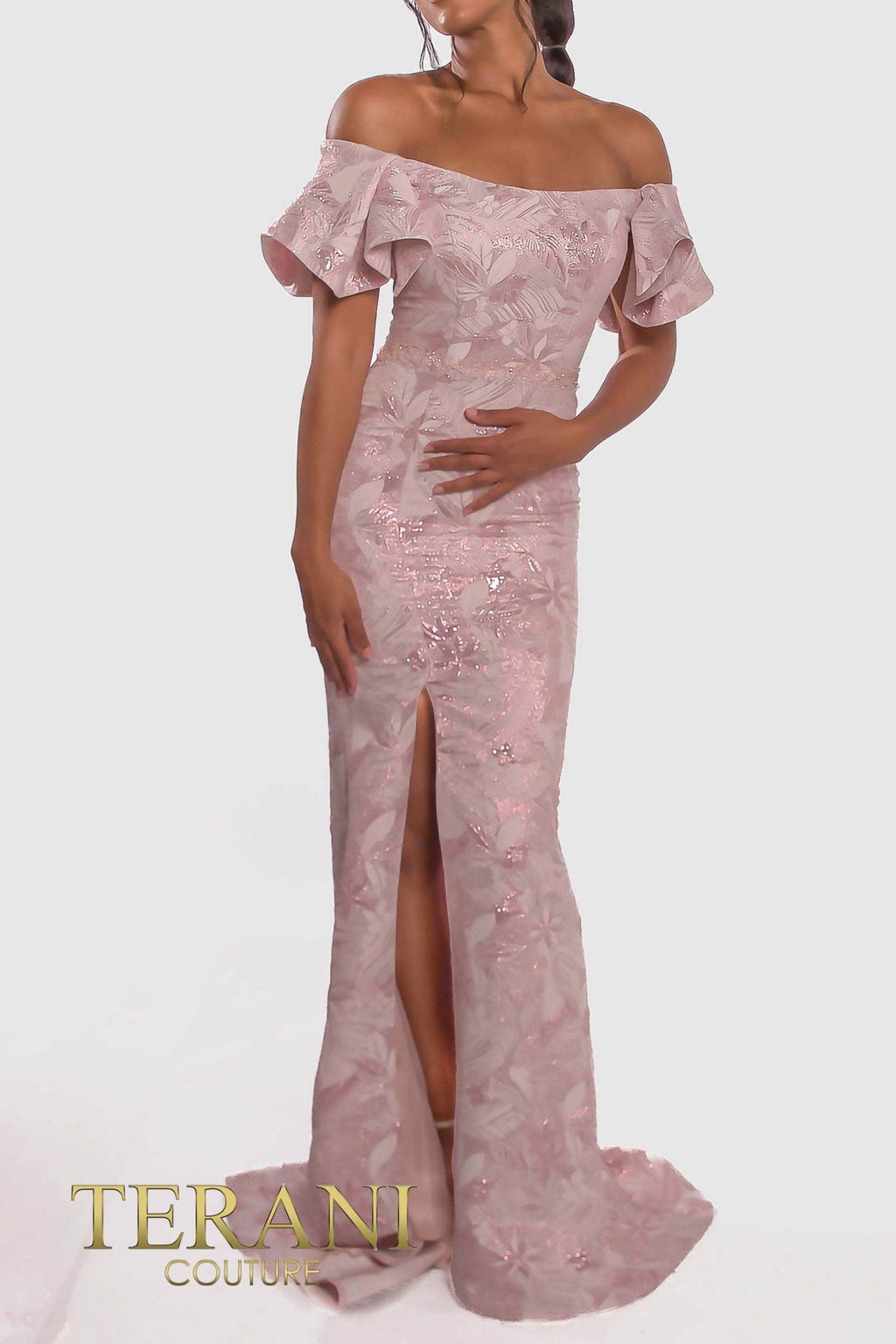 Terani Couture Off-Shoulder Jacquard Rose Column Evening Dress view 5