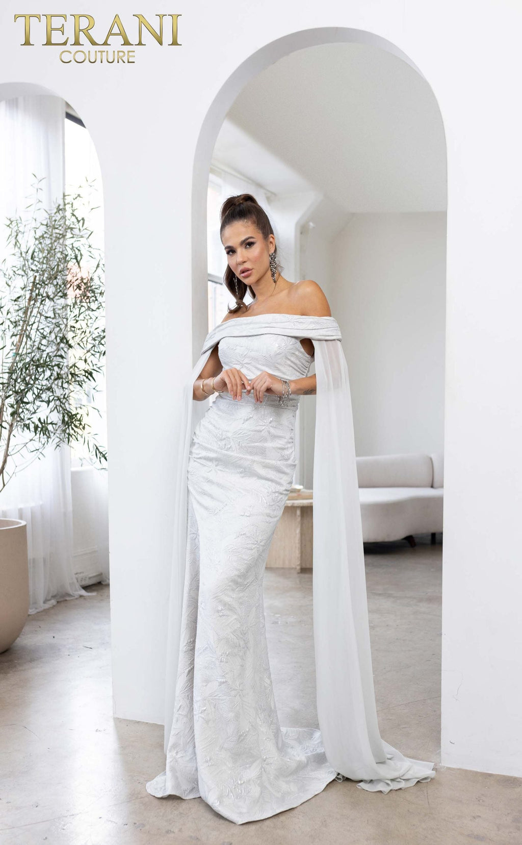 Terani Couture Off-Shoulder Jacquard Silver Column Evening Dress front view