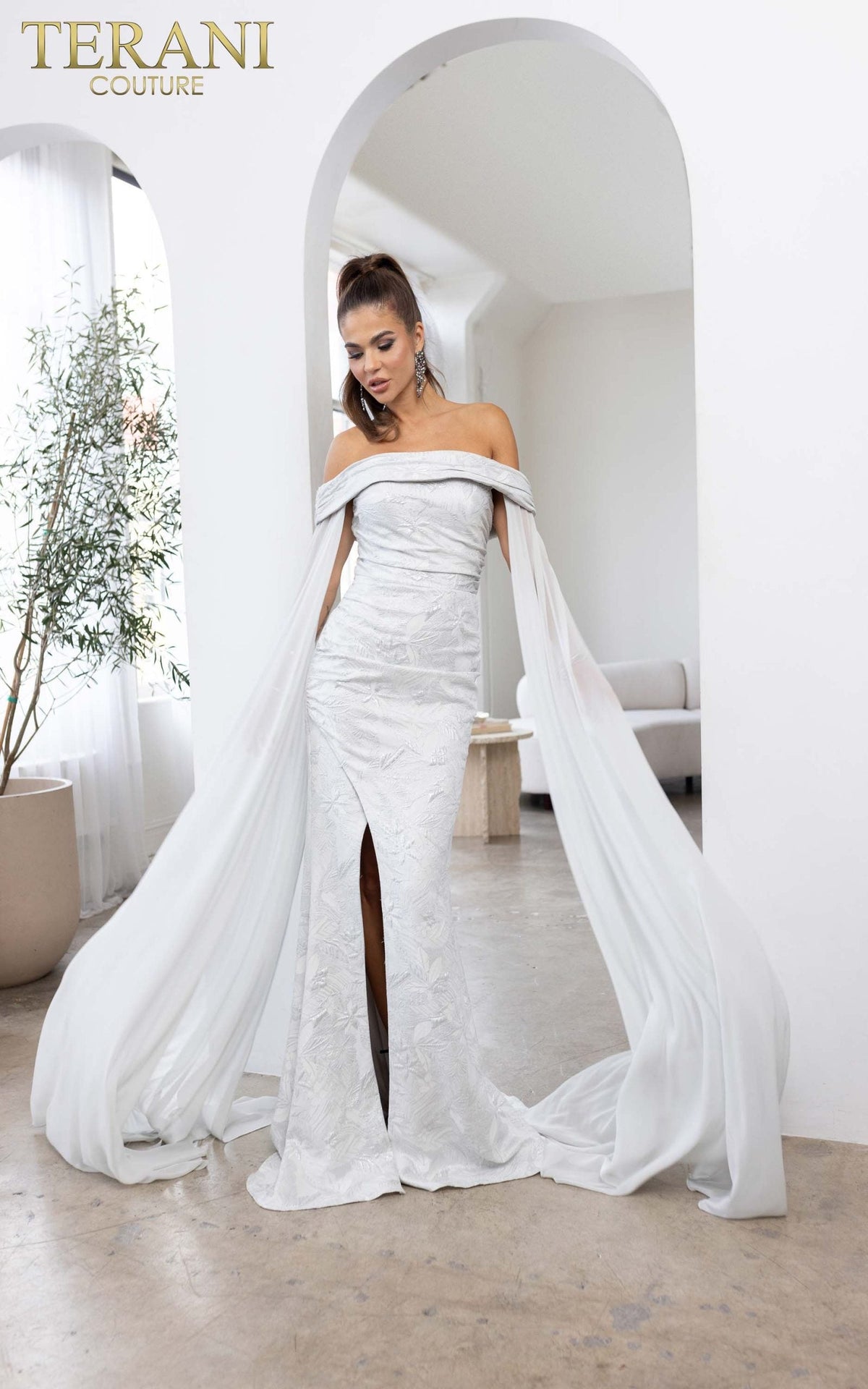 Terani Couture Off-Shoulder Jacquard Silver Column Evening Dress view 2