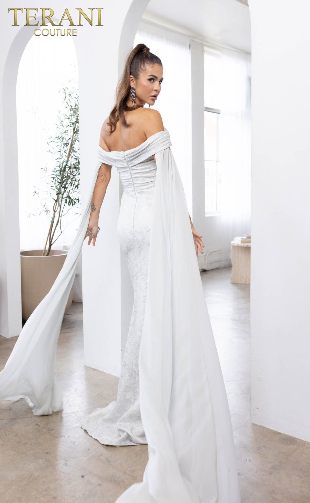 Terani Couture Off-Shoulder Jacquard Silver Column Evening Dress view 3