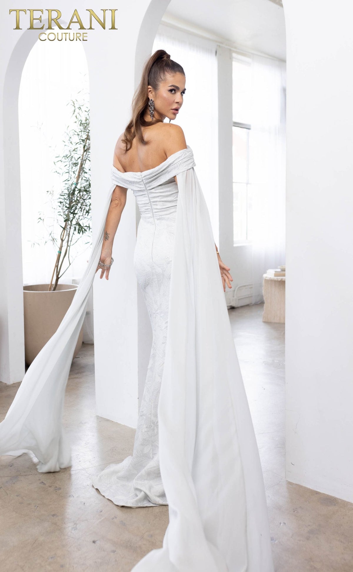 Terani Couture Off-Shoulder Jacquard Silver Column Evening Dress view 3