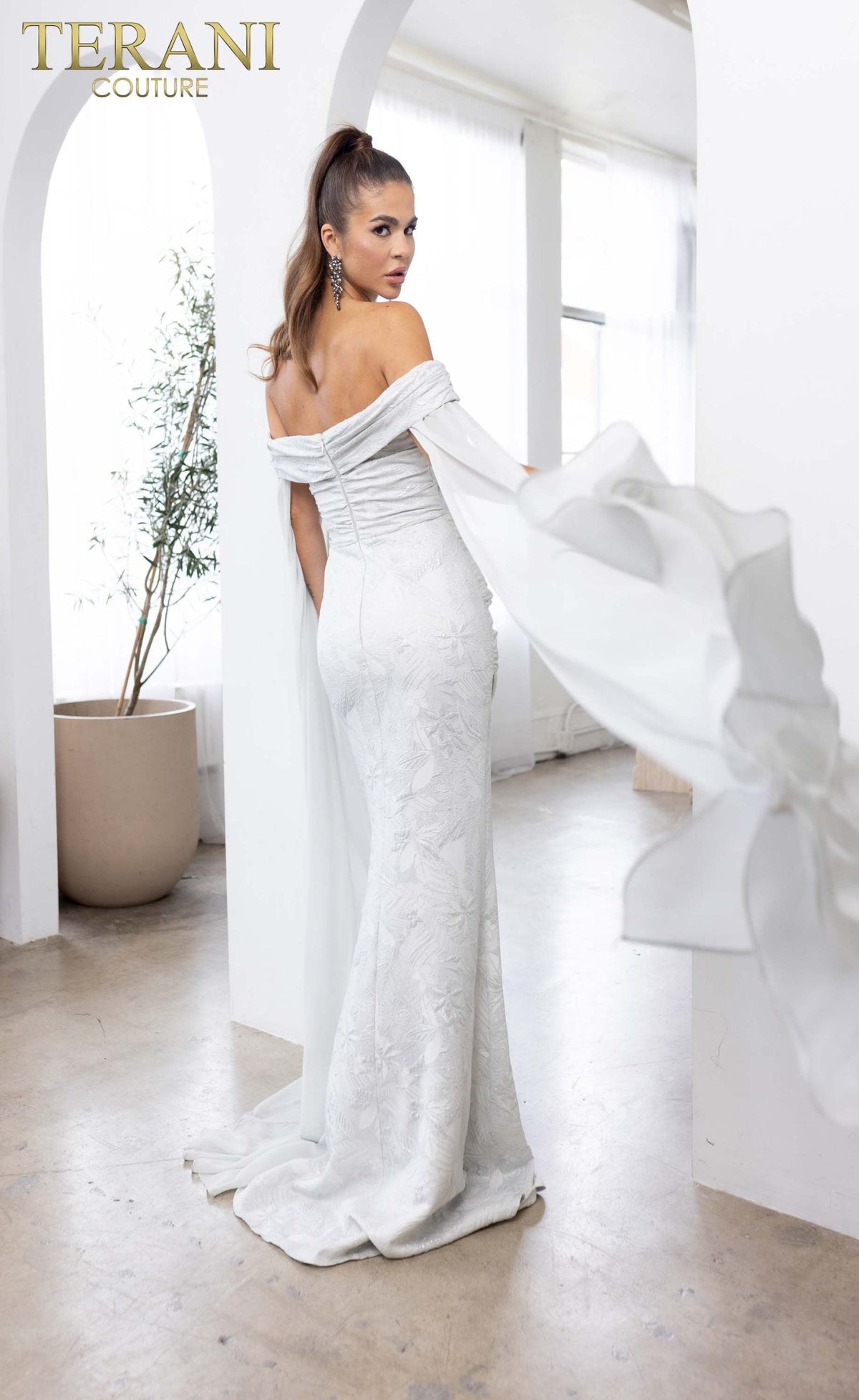 Terani Couture Off-Shoulder Jacquard Silver Column Evening Dress view 4