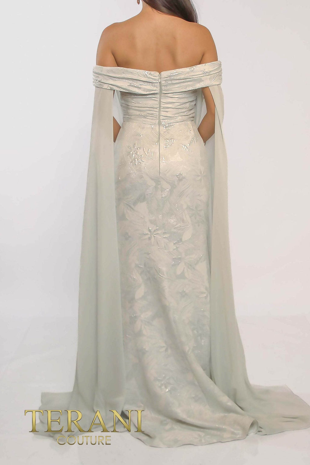 Terani Couture Off-Shoulder Jacquard Silver Column Evening Dress view 5