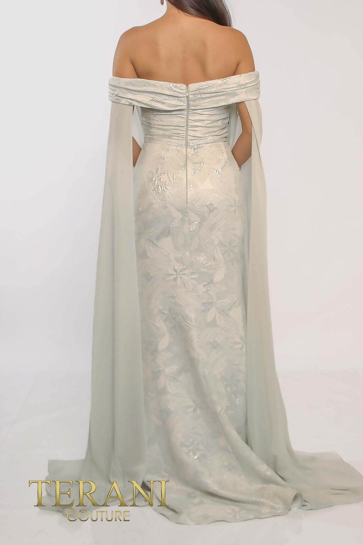 Terani Couture Off-Shoulder Jacquard Silver Column Evening Dress view 5