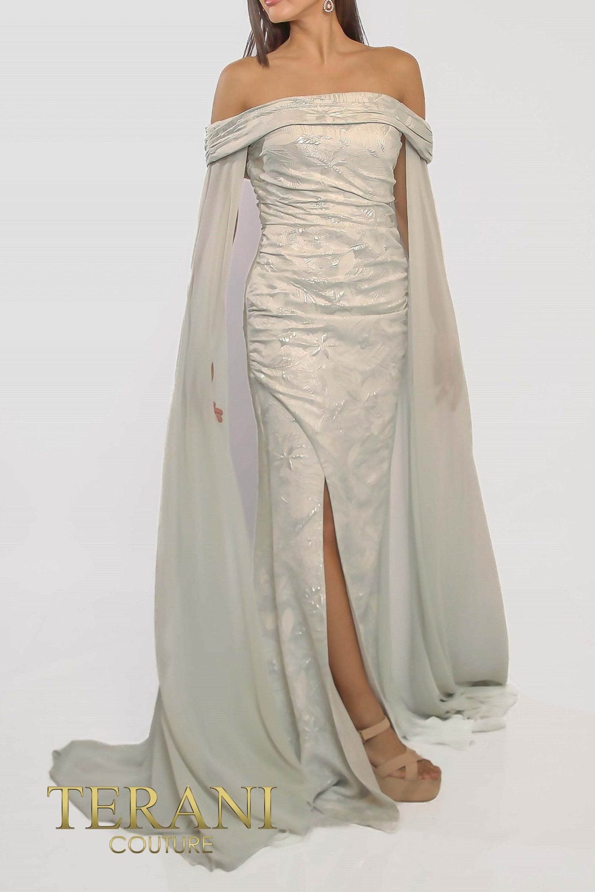 Terani Couture Off-Shoulder Jacquard Silver Column Evening Dress view 6