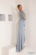 Terani Couture Long Sleeves Stretch Crepe Powder Blue Sheath Evening Dress front view