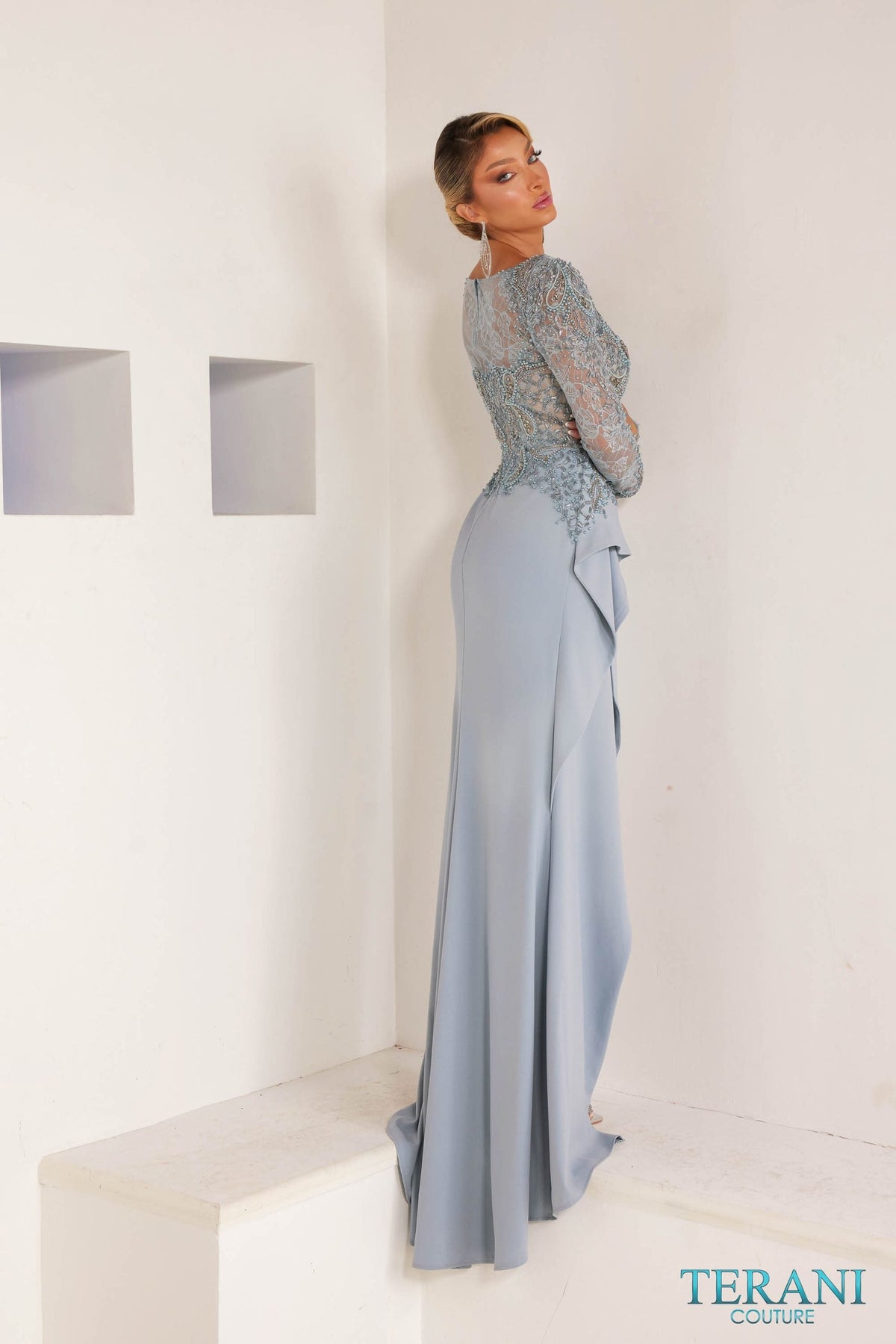 Terani Couture Long Sleeves Stretch Crepe Powder Blue Sheath Evening Dress front view