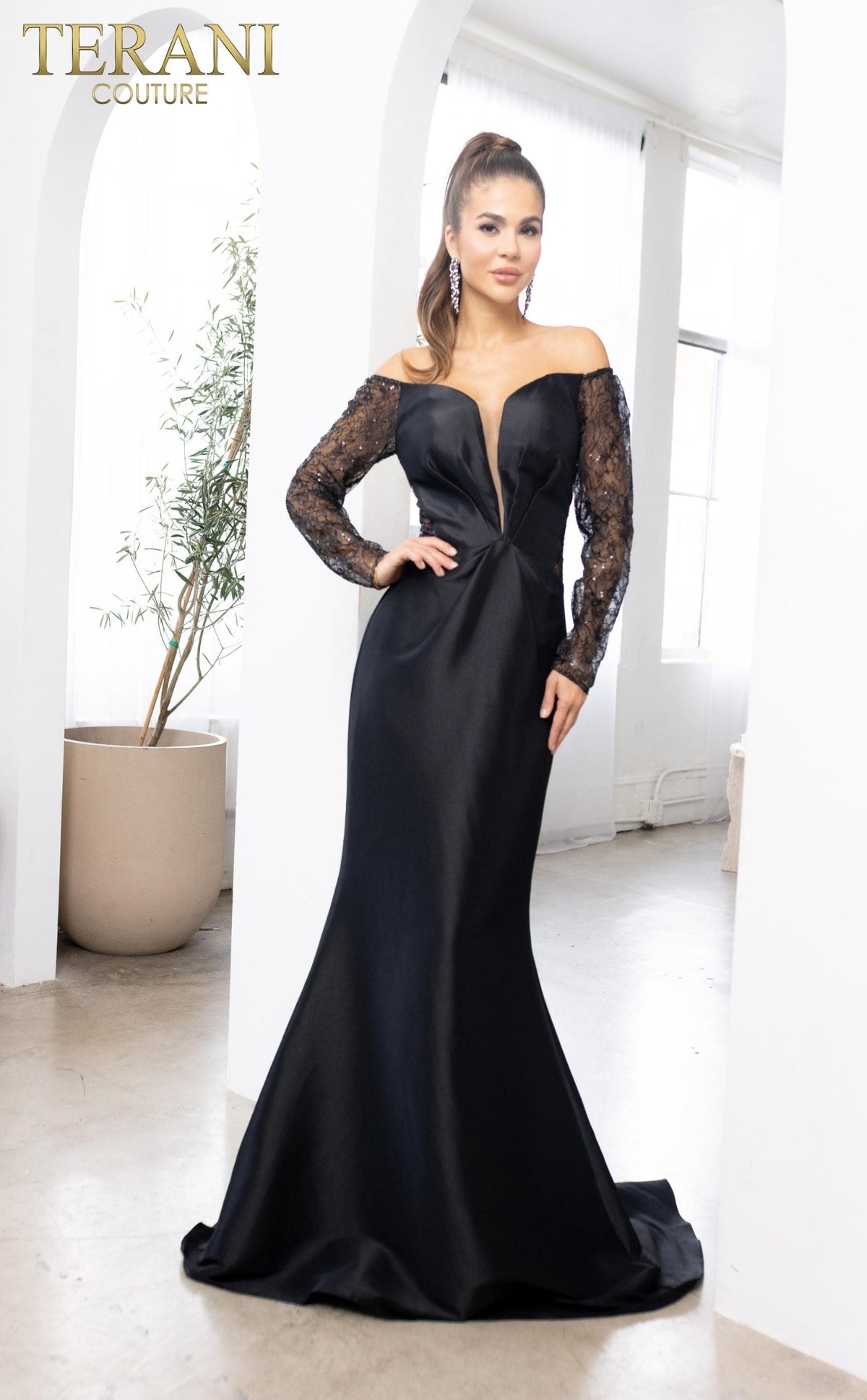 Terani Couture Long Sleeves Trumpet Off-Shoulder Column Evening Dress view 5