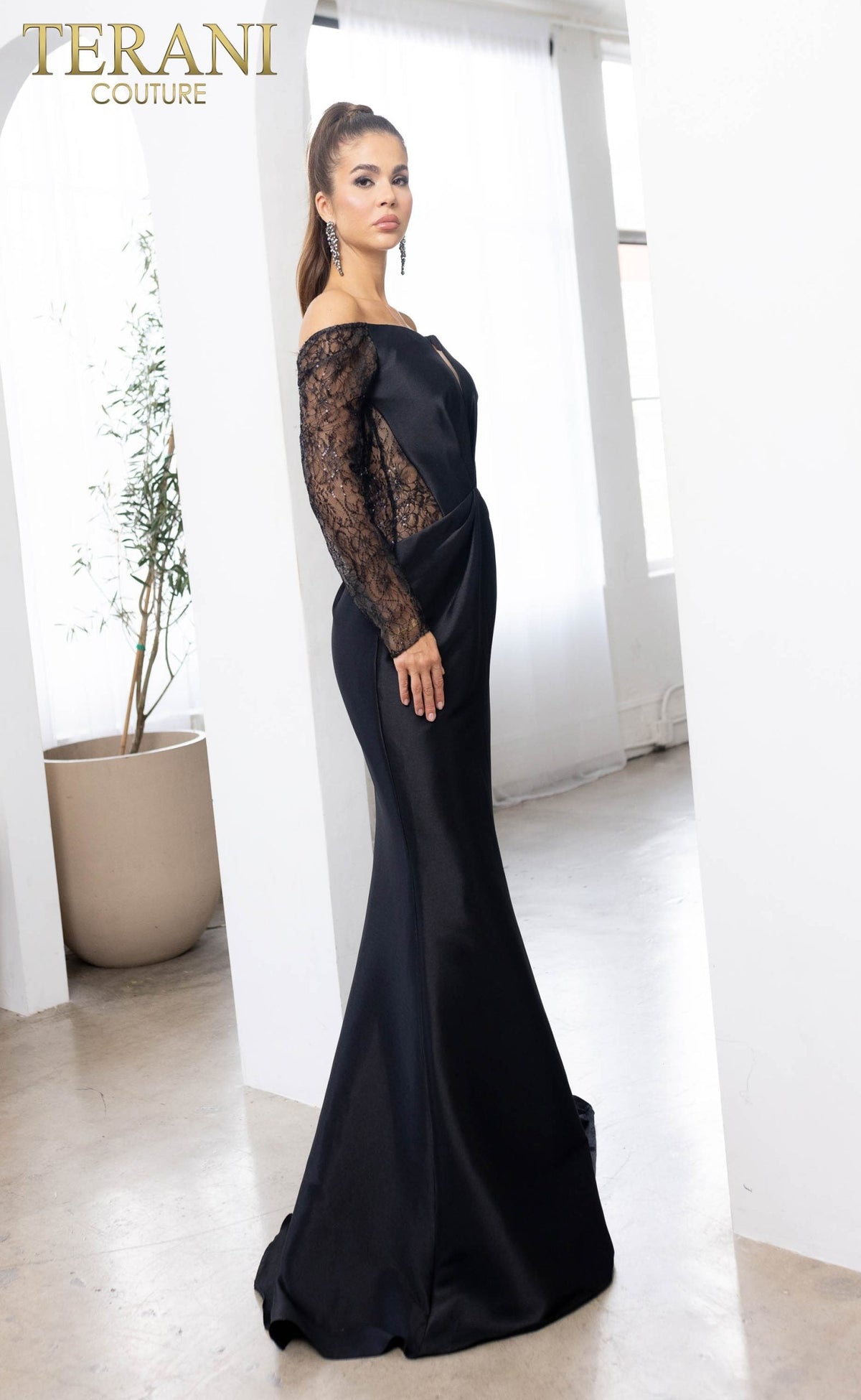 Terani Couture Long Sleeves Trumpet Off-Shoulder Column Evening Dress view 4