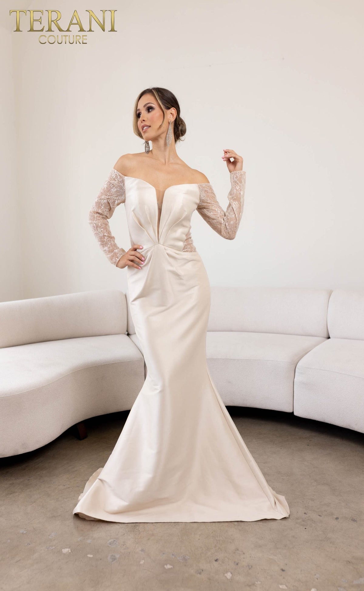 Terani Couture Long Sleeves Trumpet Off-Shoulder Column Evening Dress view 2