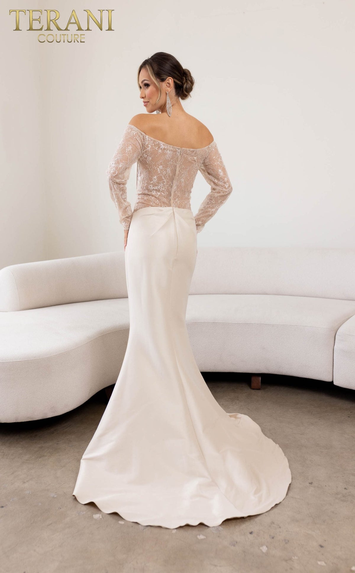 Terani Couture Long Sleeves Trumpet Off-Shoulder Column Evening Dress view 3