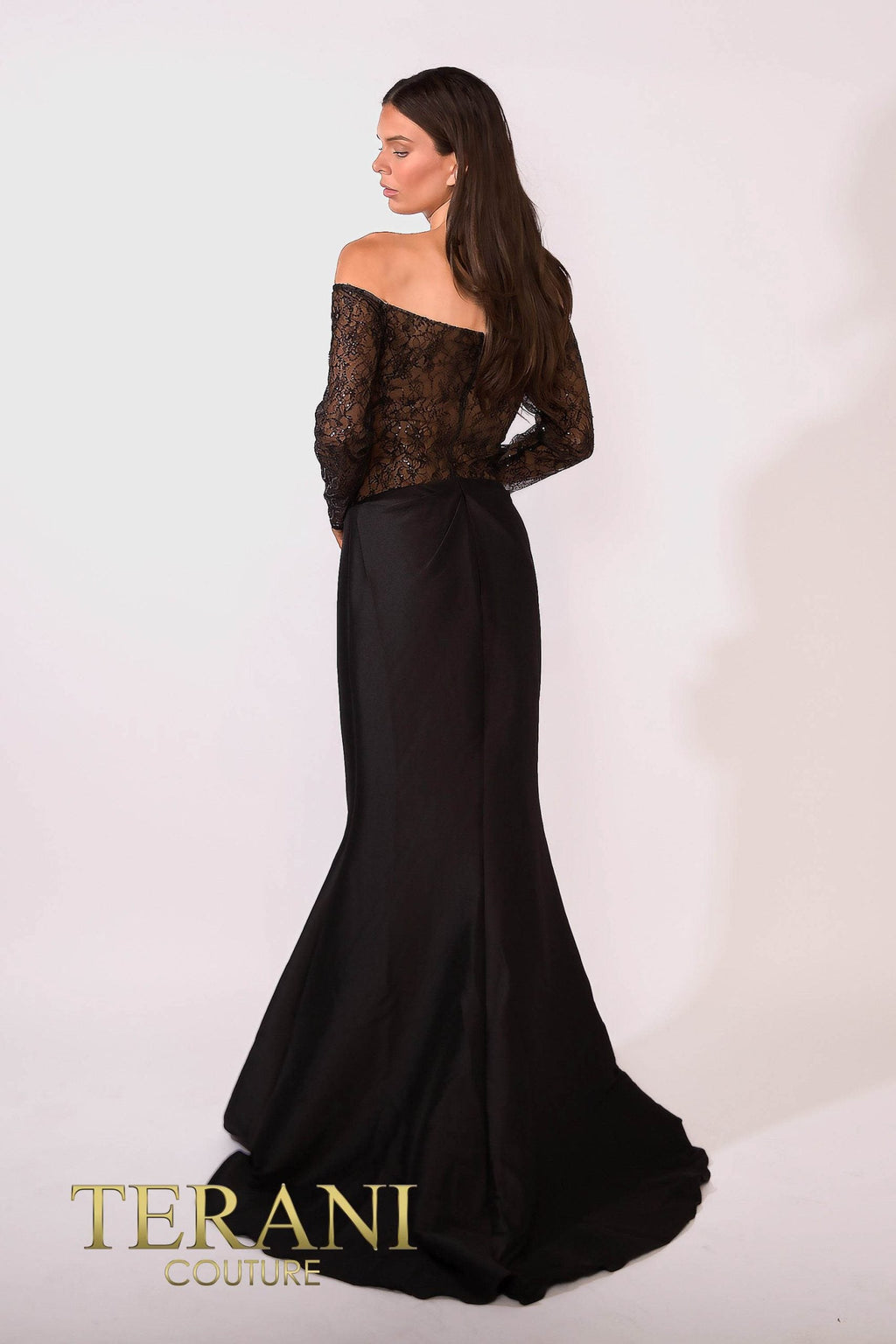 Terani Couture Long Sleeves Trumpet Off-Shoulder Column Evening Dress view 9