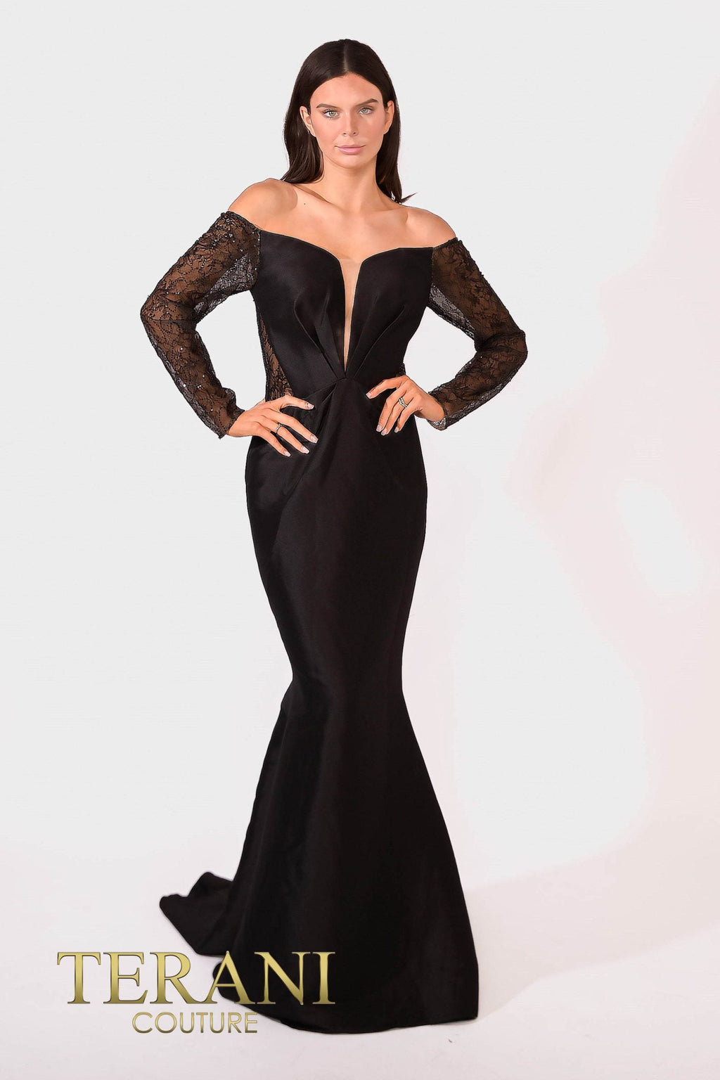 Terani Couture Long Sleeves Trumpet Off-Shoulder Column Evening Dress view 8