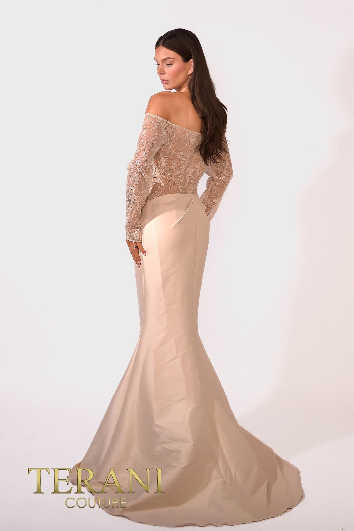 Terani Couture Long Sleeves Trumpet Off-Shoulder Column Evening Dress view 7