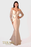 Terani Couture Long Sleeves Trumpet Off-Shoulder Column Evening Dress front view