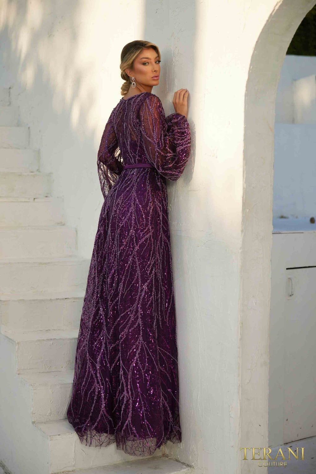 Terani Couture Long Sleeves A-Line V-Neck Lace on Tulle Evening Dress view 2