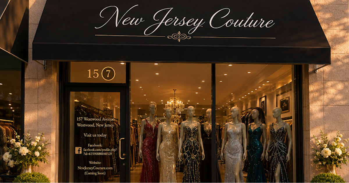 New Jersey Couture boutique storefront with a black awning, glass entrance, and multiple mannequins wearing formal evening gowns displayed inside.